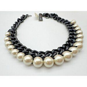 NWT Aqua for Bloomingdale's Chunky Statement Necklace Metal Links & Faux Pearls